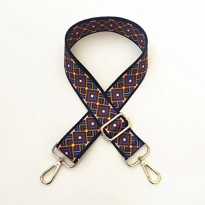 Colourful wide shoulder strap purse chain with floral pattern and gold buckle for handbag