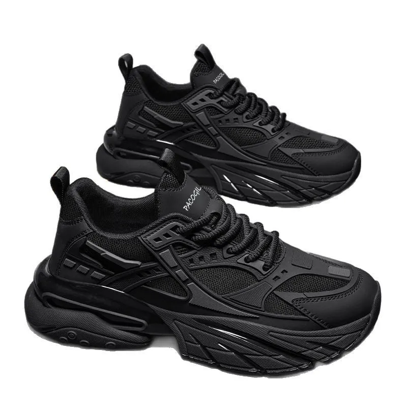 Black platform retro sports casual shoes mesh fabric low top lace-up round toe EVA sole men's footwear