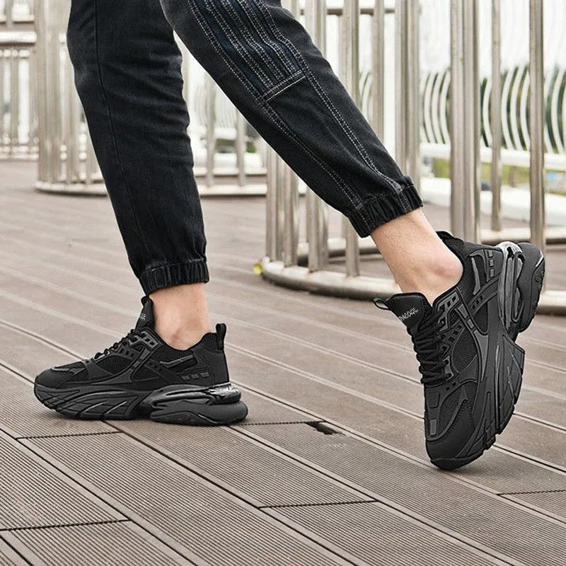 Black platform retro sports casual shoes mesh fabric low top lace-up round toe EVA sole men's footwear