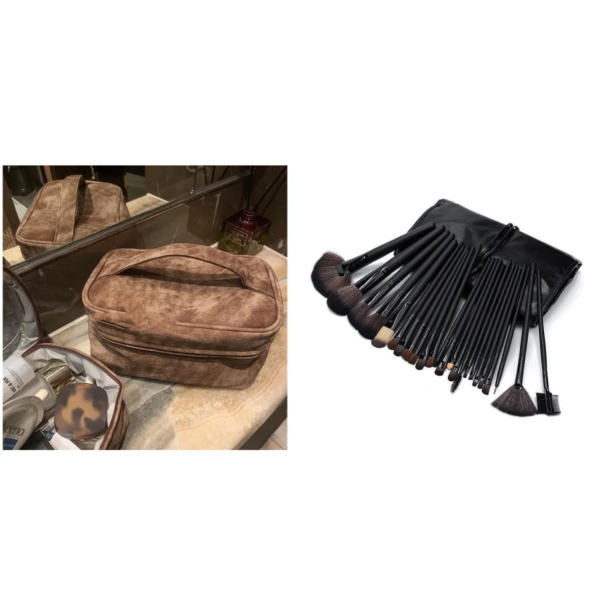 Brown PU leather portable partition storage handbag with zipper closure, compact 23x11.5x15.5cm size