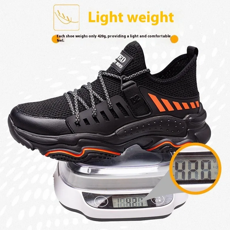 Black safety protection shoes with steel toe cap and flat knitted uppers for industrial work