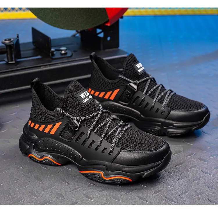 Black safety protection shoes with steel toe cap and flat knitted uppers for industrial work