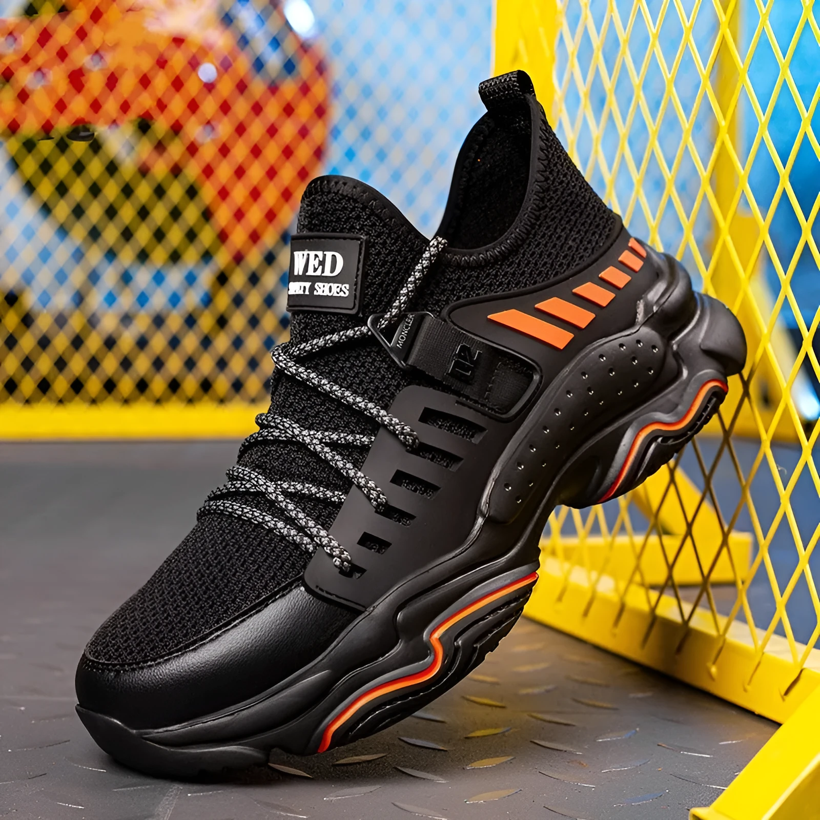 Black safety protection shoes with steel toe cap and flat knitted uppers for industrial work
