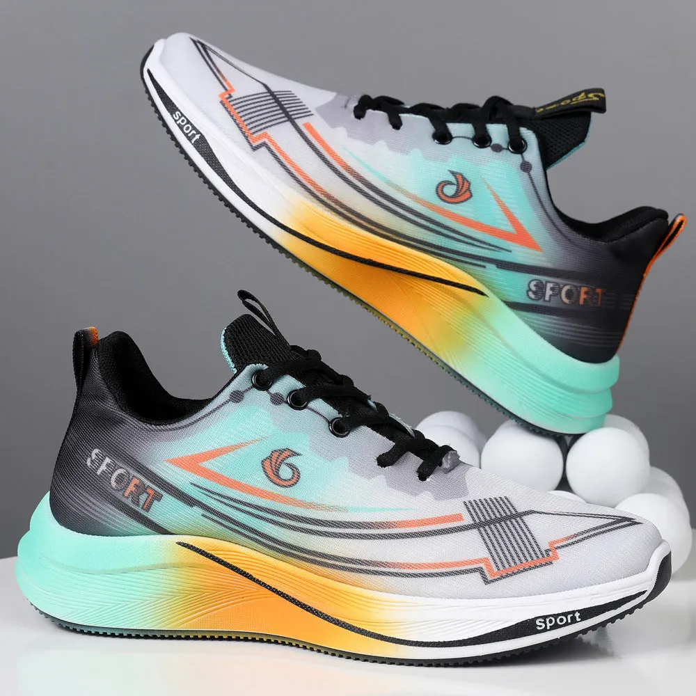 Mesh breathable running shoes for men in gray orange and black blue, low top with PVC sole