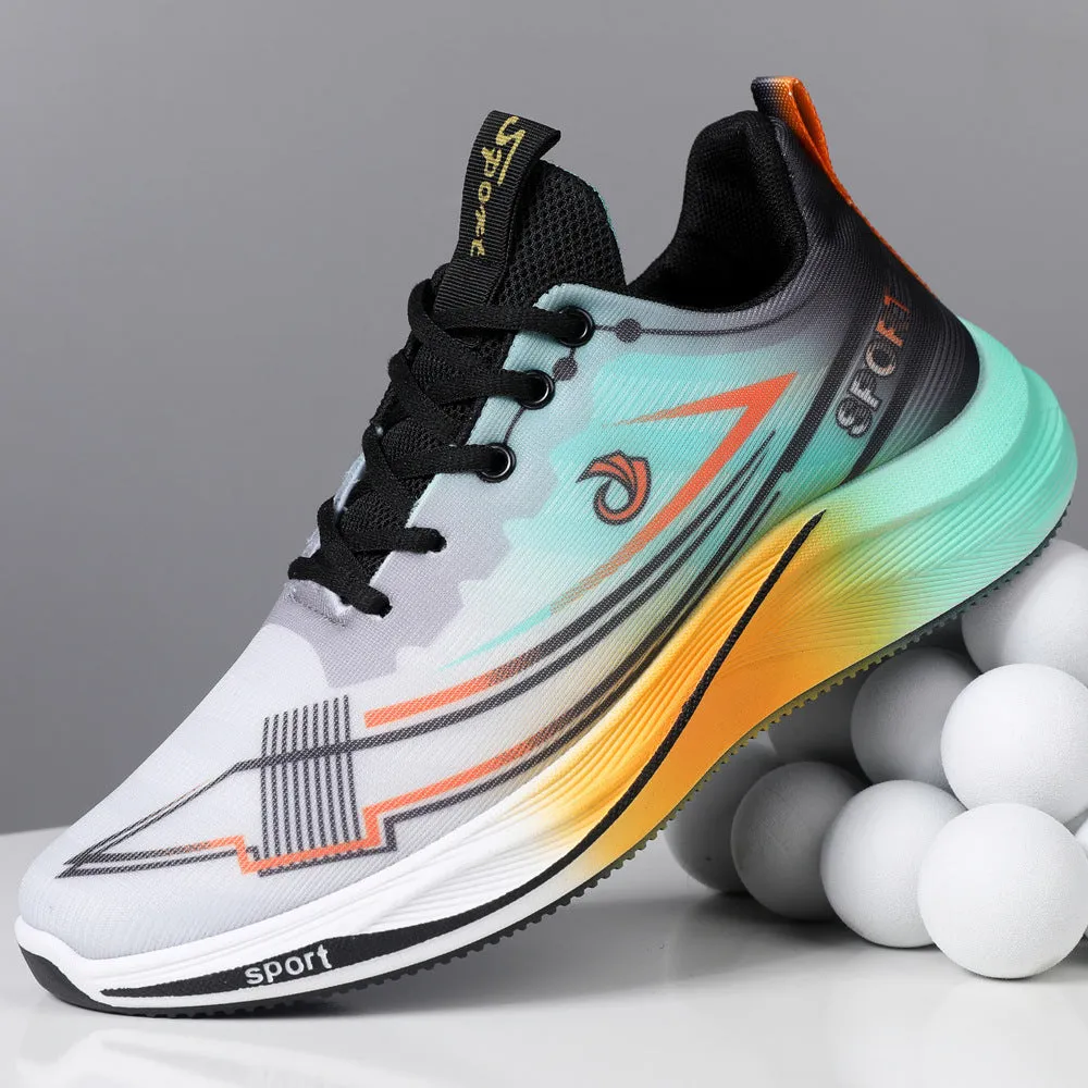 Mesh breathable running shoes for men in gray orange and black blue, low top with PVC sole