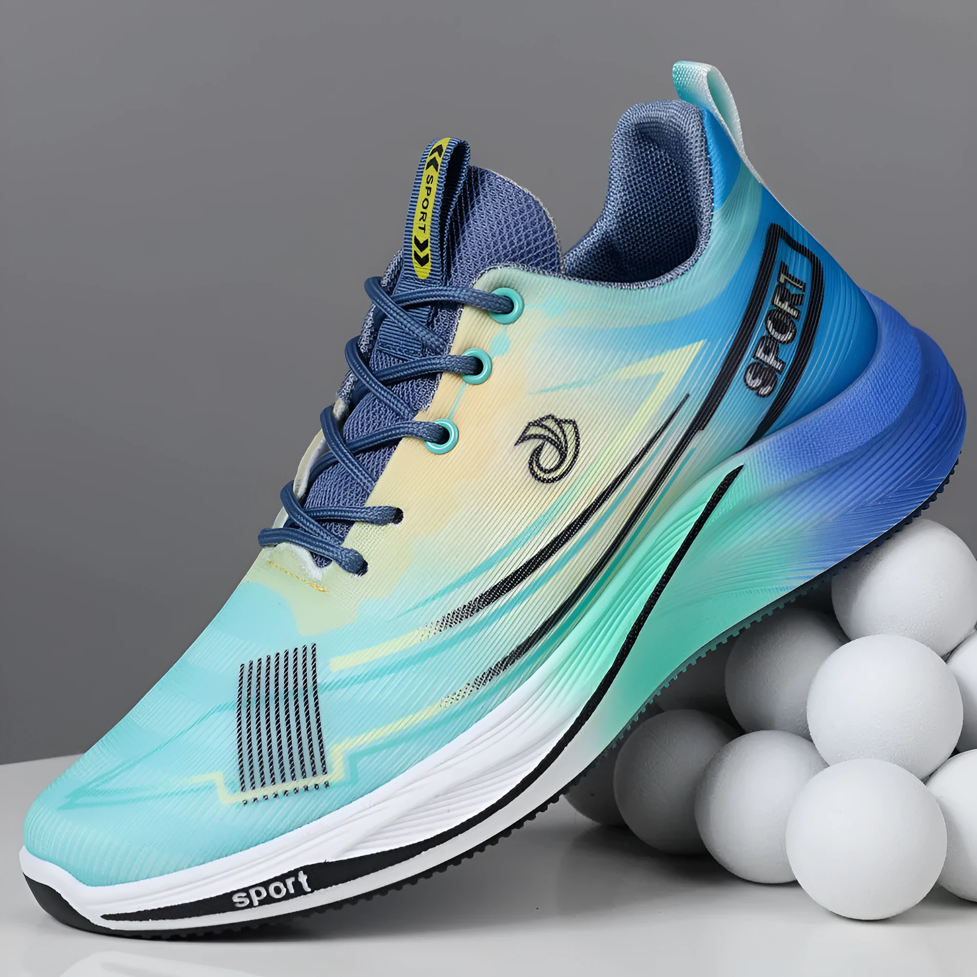 Mesh breathable running shoes for men in gray orange and black blue, low top with PVC sole