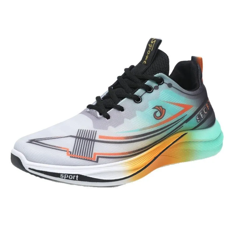Mesh breathable running shoes for men in gray orange and black blue, low top with PVC sole