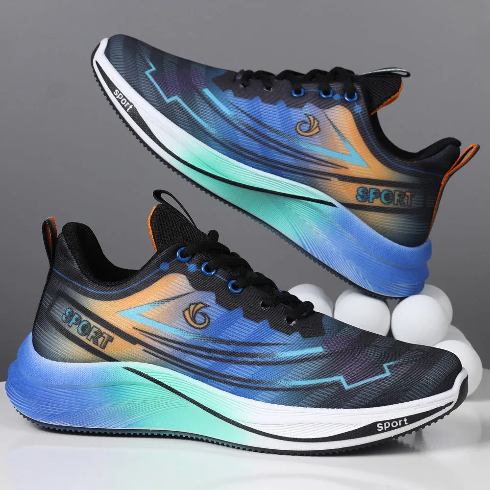Mesh breathable running shoes for men in gray orange and black blue, low top with PVC sole