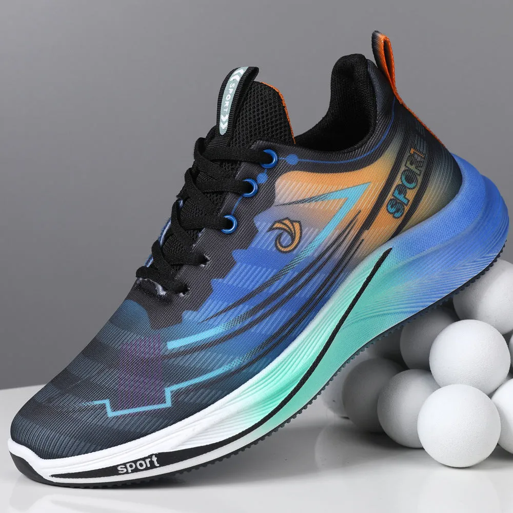 Mesh breathable running shoes for men in gray orange and black blue, low top with PVC sole