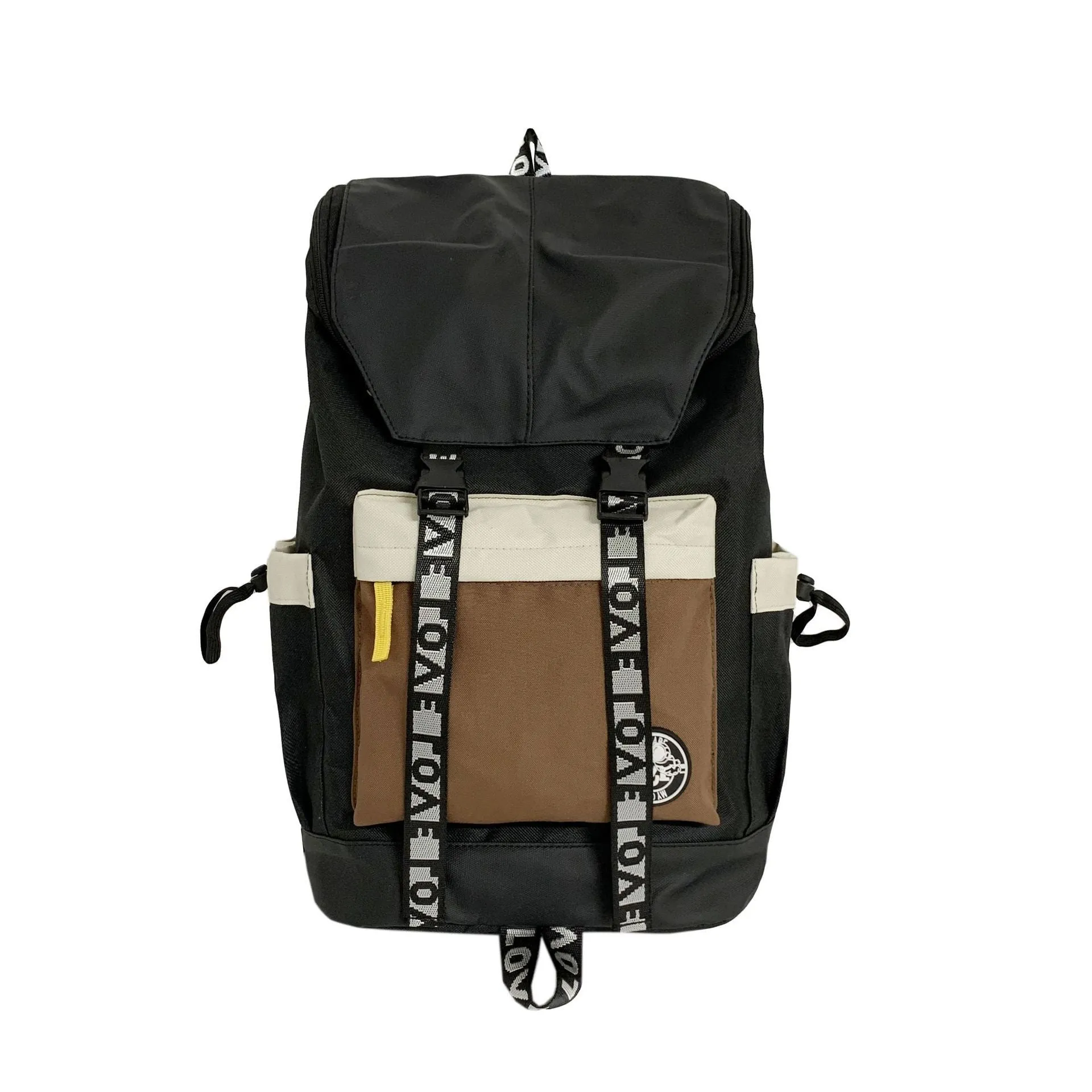 A mid-size black Oxford cloth backpack shown with handheld and two-shoulder carry options.