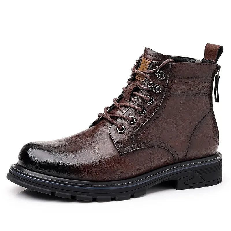 Men's black leather work ankle boots with patent finish and rubber sole for haulage motor environments