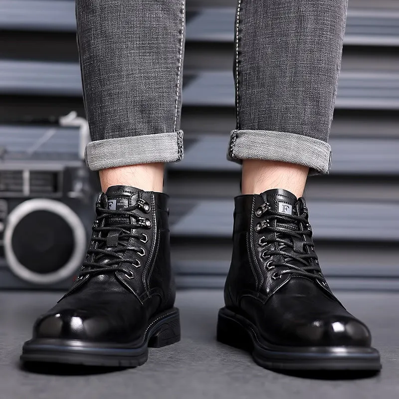 Men's black leather work ankle boots with patent finish and rubber sole for haulage motor environments