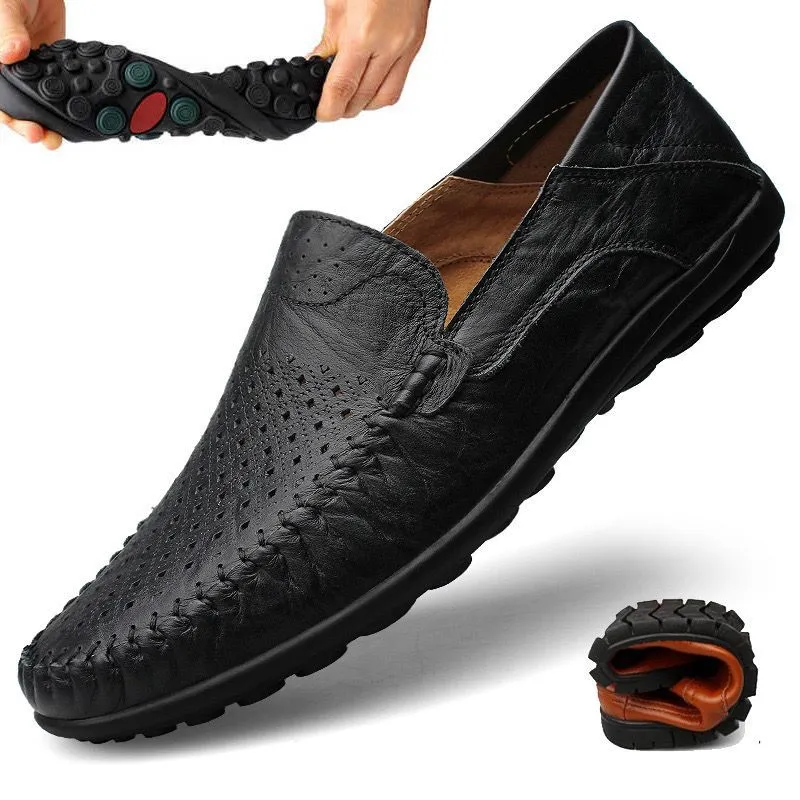 Men's slip-on business shoes with hollowed-out perforated pigskin leather upper in black colour