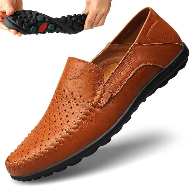 Men's slip-on business shoes with hollowed-out perforated pigskin leather upper in black colour