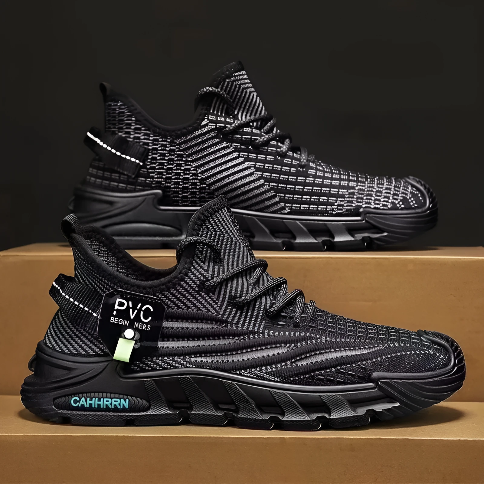 Men's flyknit mesh sneaker in black with thin sole, flat heel, and round toe on a plain background
