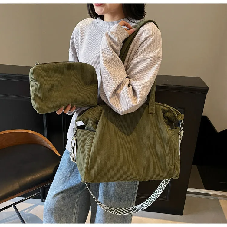 Corduroy one-shoulder canvas bag with sewing line detail, 44x29x15cm, available in multiple colours