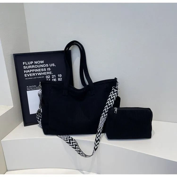 Corduroy one-shoulder canvas bag with sewing line detail, 44x29x15cm, available in multiple colours