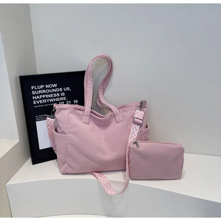Corduroy one-shoulder canvas bag with sewing line detail, 44x29x15cm, available in multiple colours
