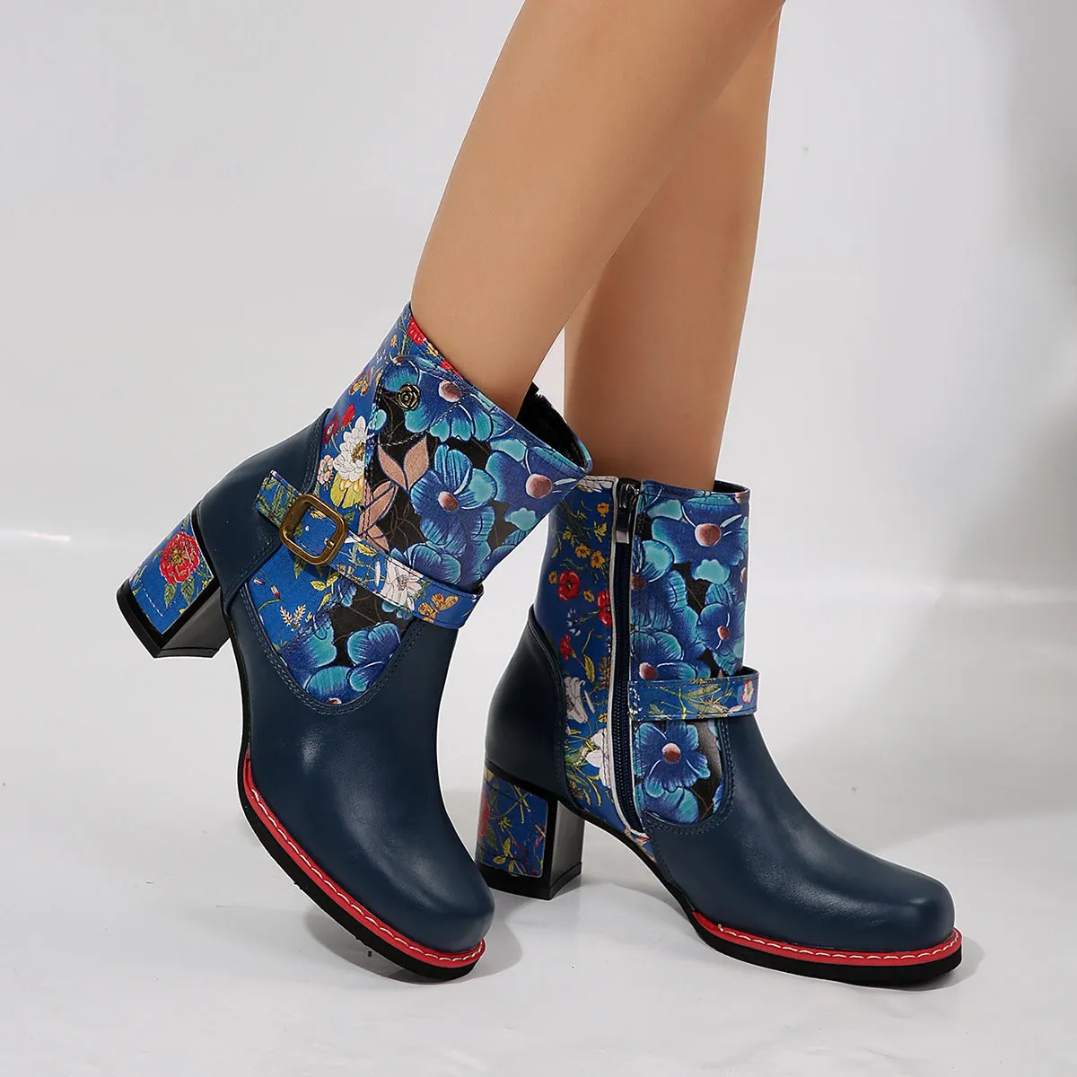 Women's printed stitching round head thick bottom bootie in artificial PU with rubber sole