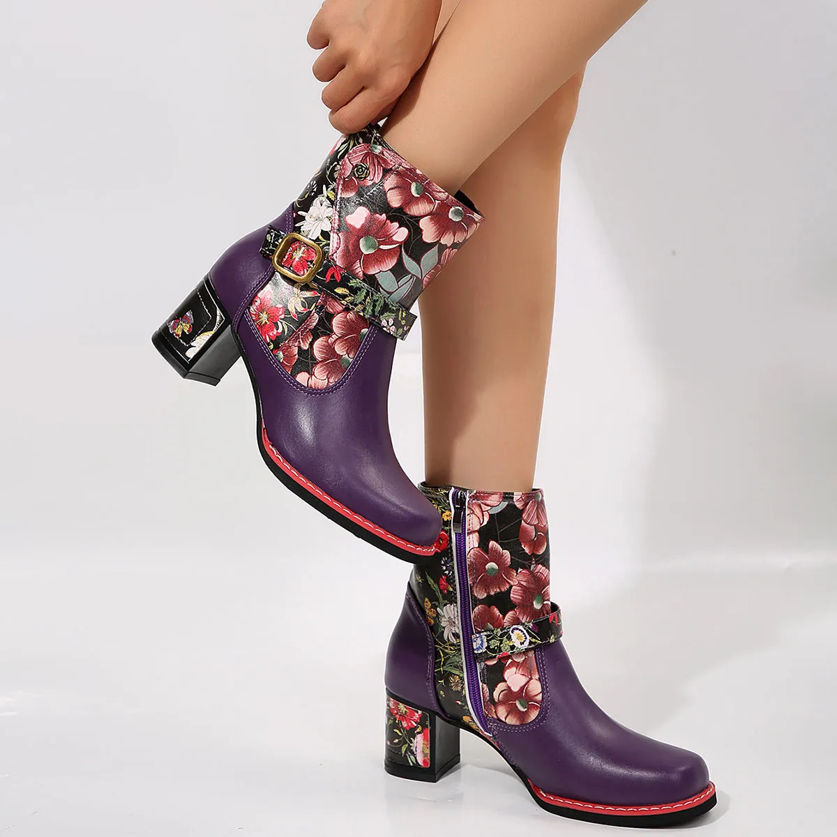 Women's printed stitching round head thick bottom bootie in artificial PU with rubber sole