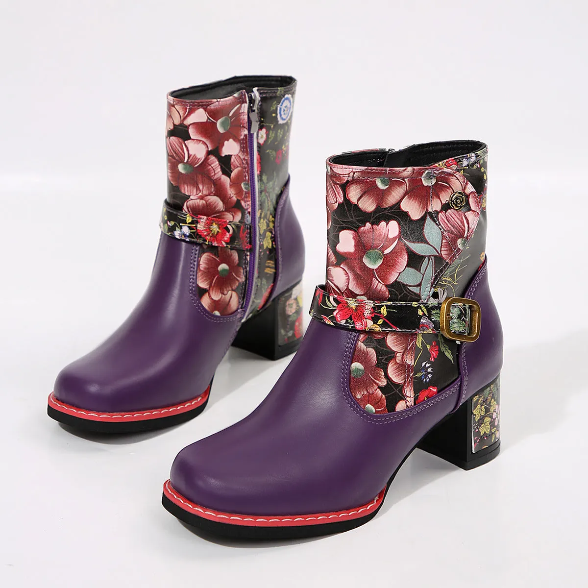 Women's printed stitching round head thick bottom bootie in artificial PU with rubber sole
