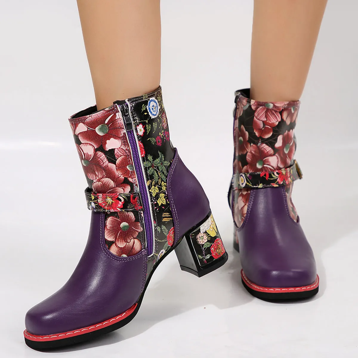 Women's printed stitching round head thick bottom bootie in artificial PU with rubber sole