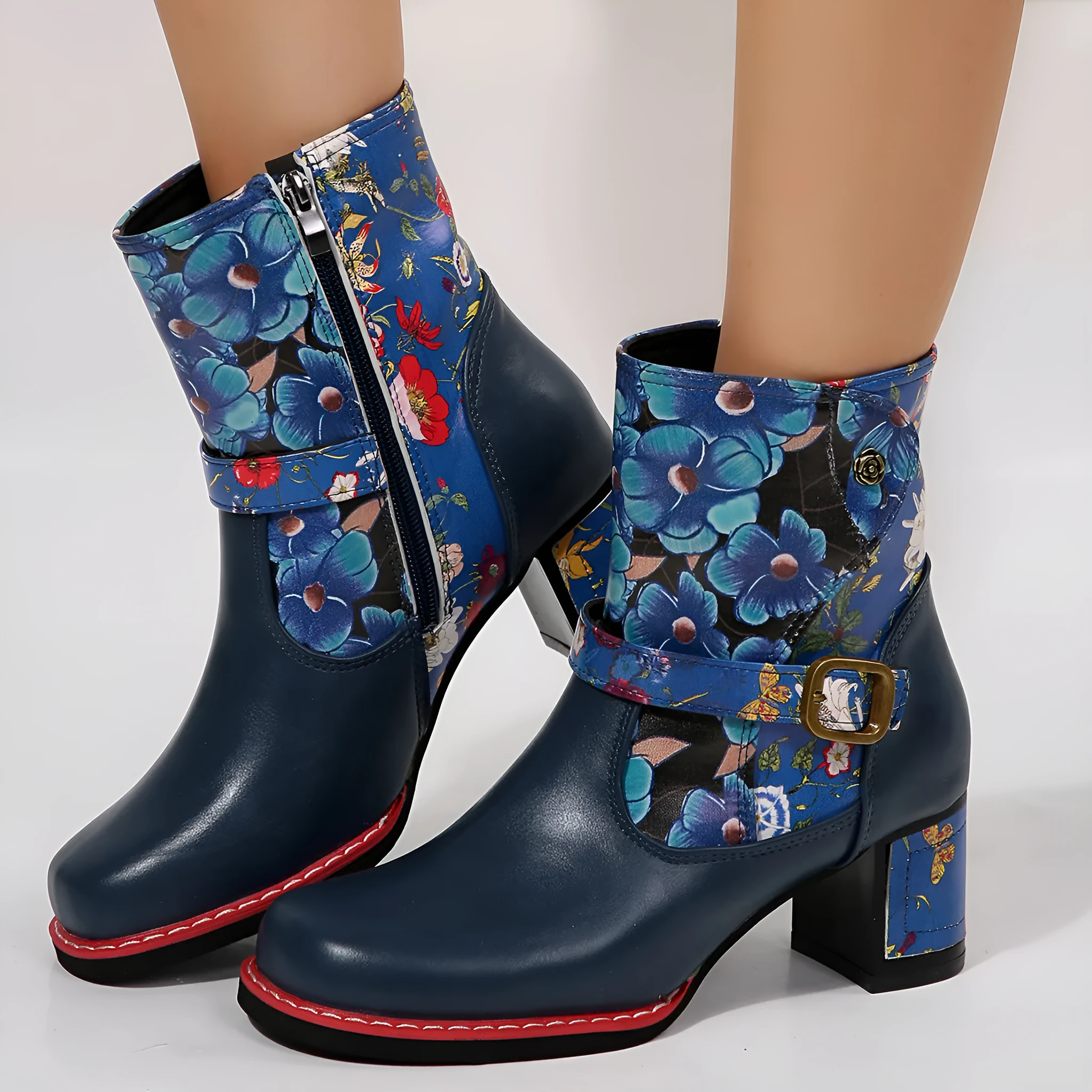 Women's printed stitching round head thick bottom bootie in artificial PU with rubber sole