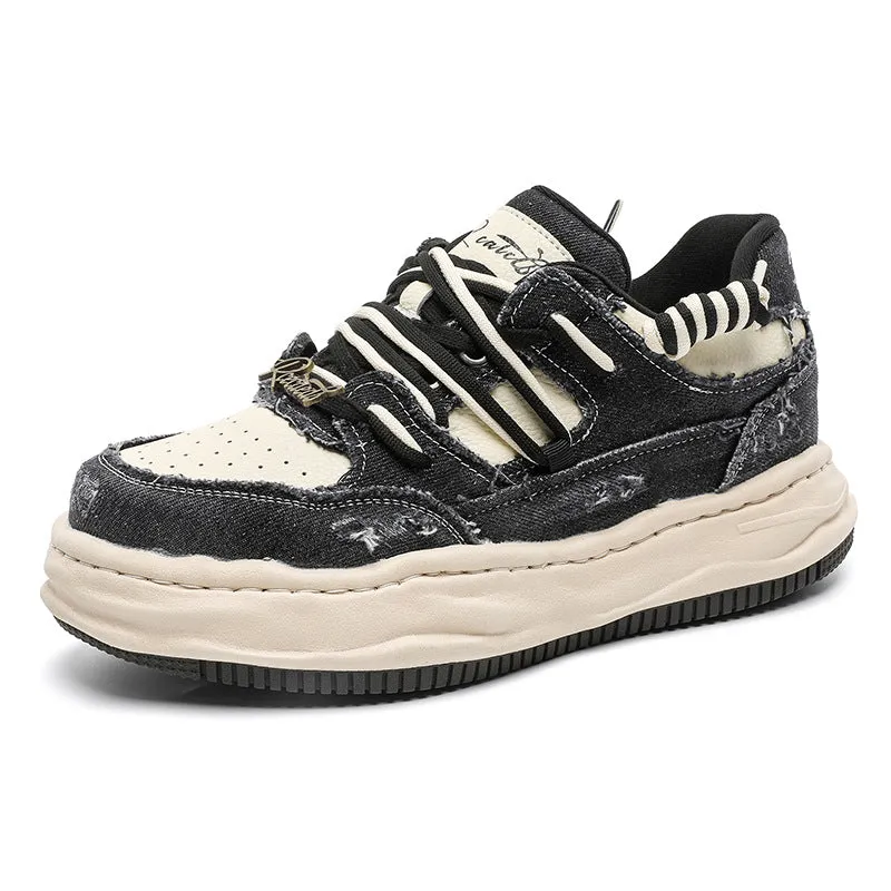 Men's sports casual board shoes with washed thick bottom 7cm height increasing insole, round toe, black