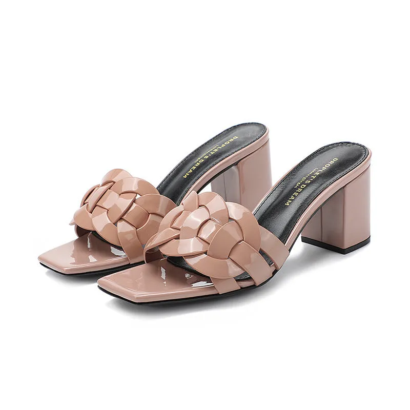 Woven chunky heel slippers in apricot colour with a fish mouth toe and sheepskin lining.