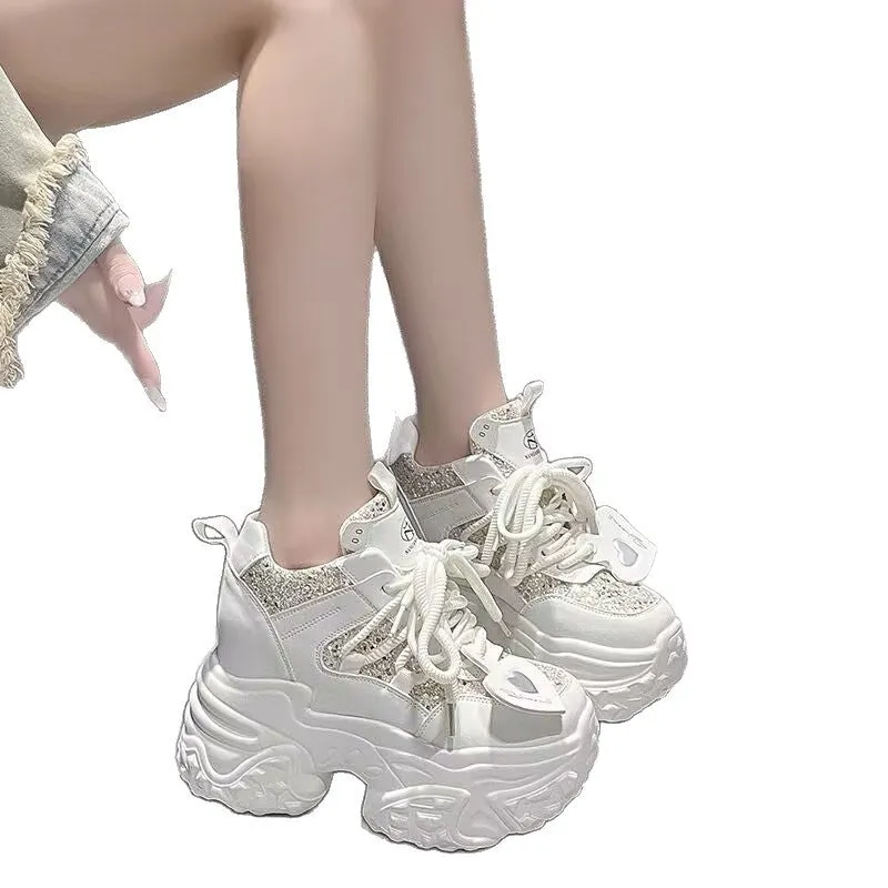 White thick-soled height-increasing sneakers with synthetic leather upper, sequin trim, and rubber sole for daily wear