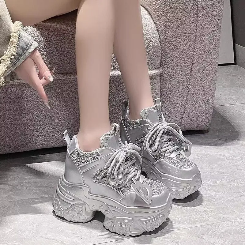 White thick-soled height-increasing sneakers with synthetic leather upper, sequin trim, and rubber sole for daily wear