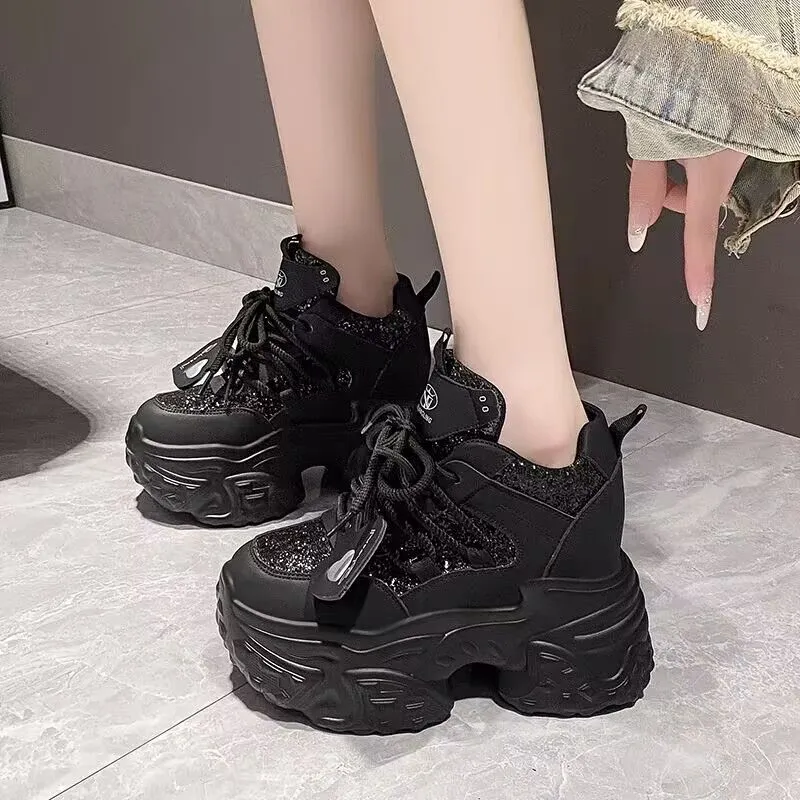 White thick-soled height-increasing sneakers with synthetic leather upper, sequin trim, and rubber sole for daily wear