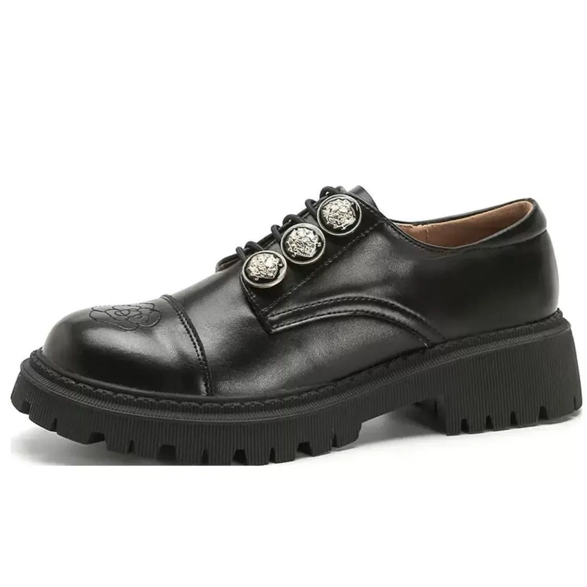 Glossy black block heel pumps with round toe and cowhide upper