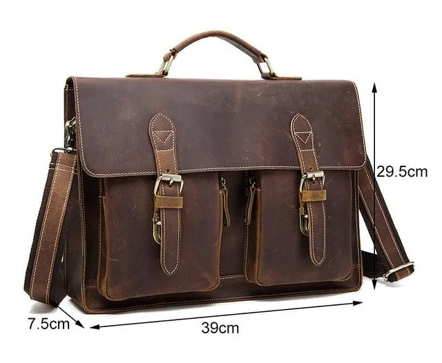 Small yellow brown Crazy Horse leather men's messenger bag with adjustable shoulder strap