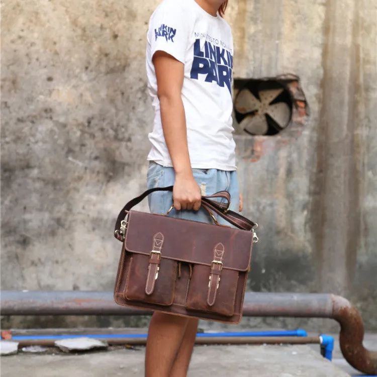 Small yellow brown Crazy Horse leather men's messenger bag with adjustable shoulder strap
