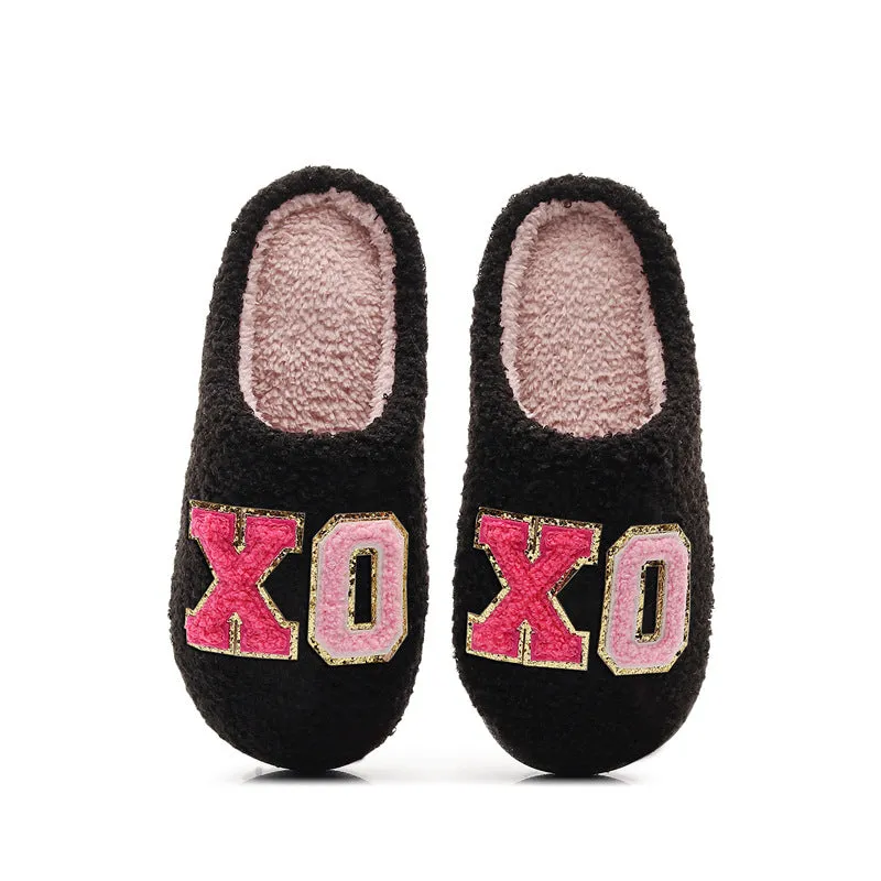 Warm grid letter cotton women's slippers in pink with artificial plush inner lining and closed toe