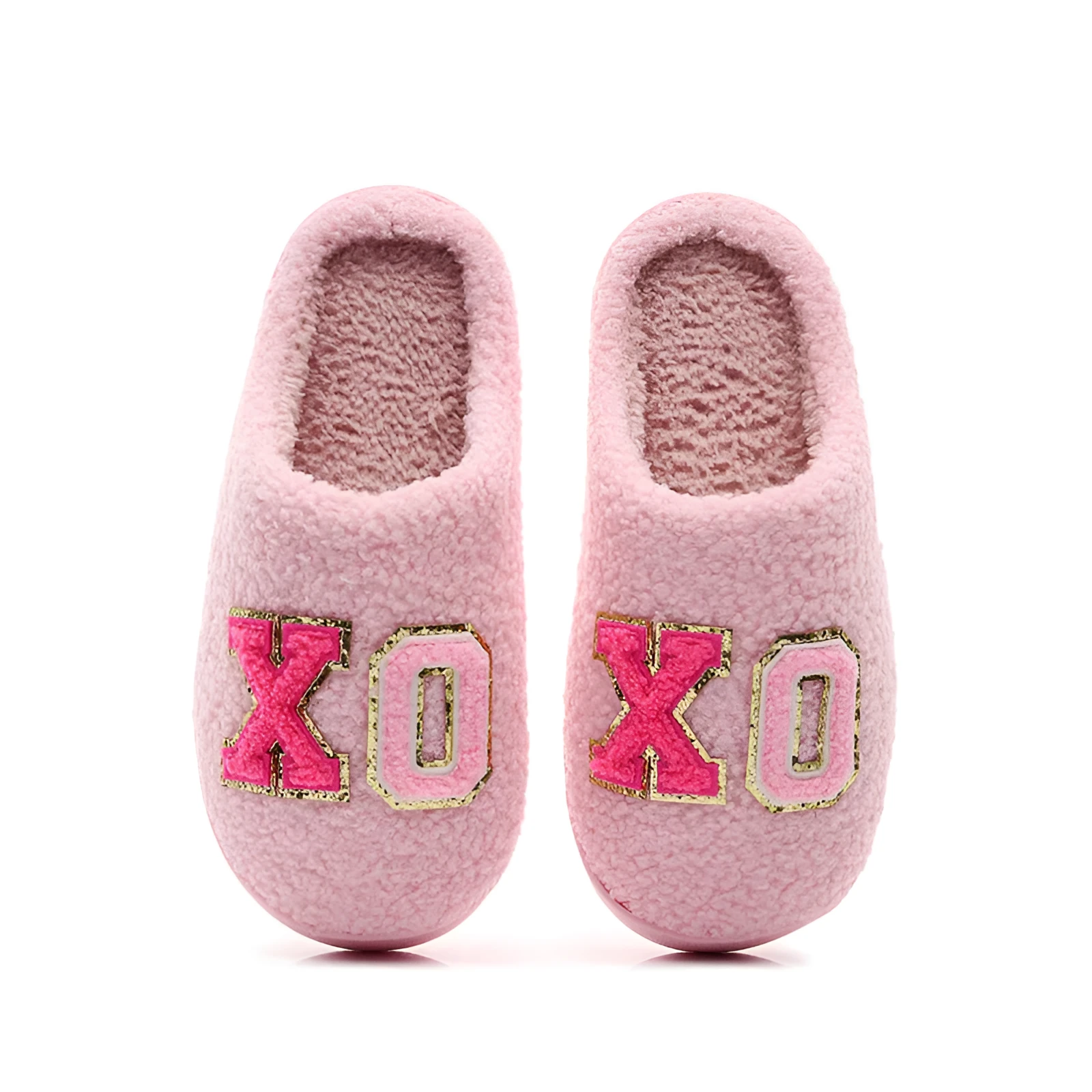 Warm grid letter cotton women's slippers in pink with artificial plush inner lining and closed toe