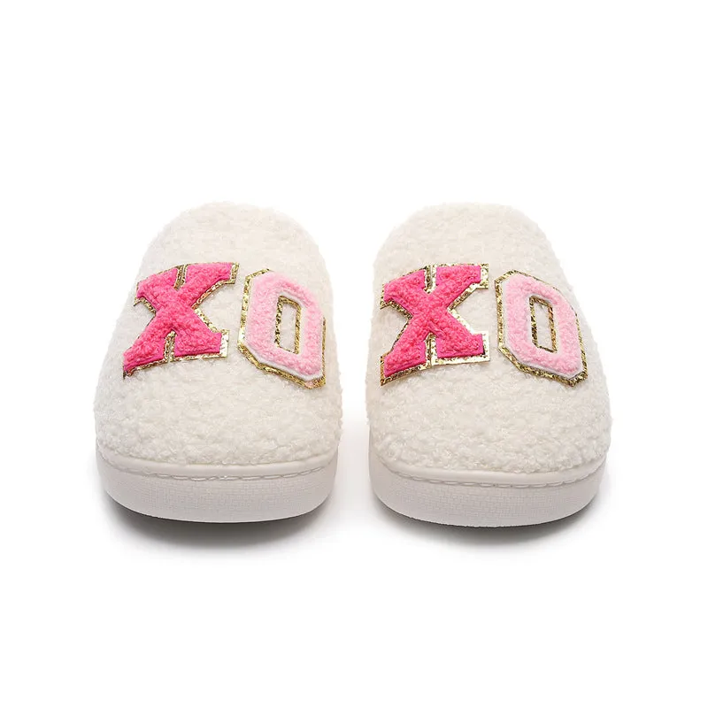 Warm grid letter cotton women's slippers in pink with artificial plush inner lining and closed toe