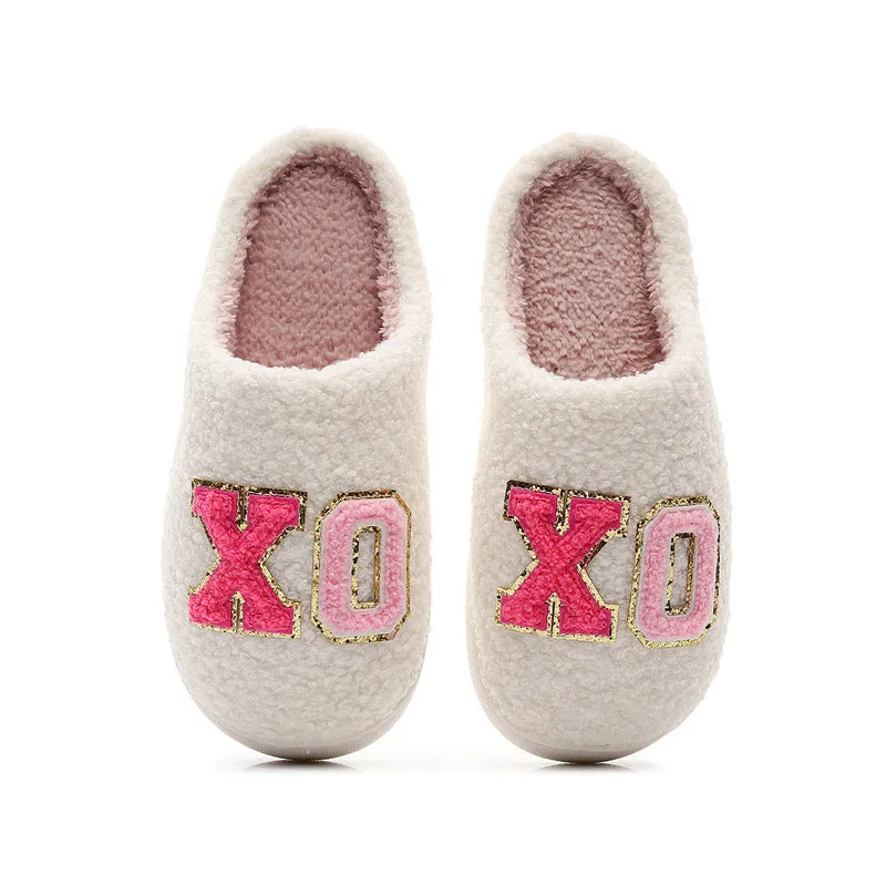 Warm grid letter cotton women's slippers in pink with artificial plush inner lining and closed toe