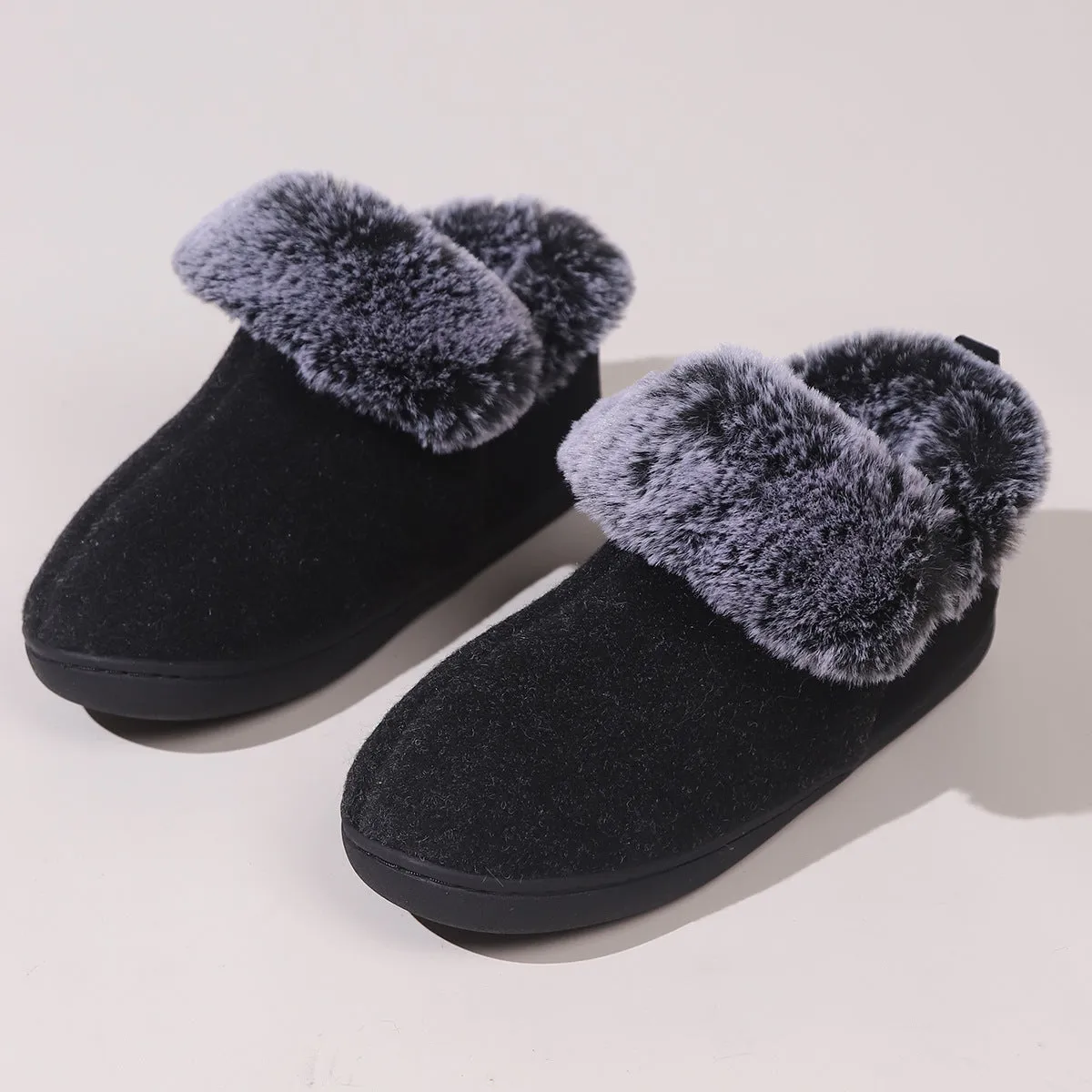 Wine red felt slippers with fur collar and synthetic leather upper for winter indoor use