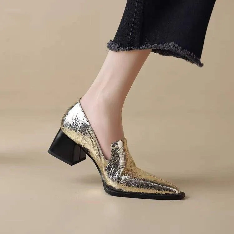 Crack pointed deep mouth high heels women retro solid colour kitten heel shoes with rubber sole