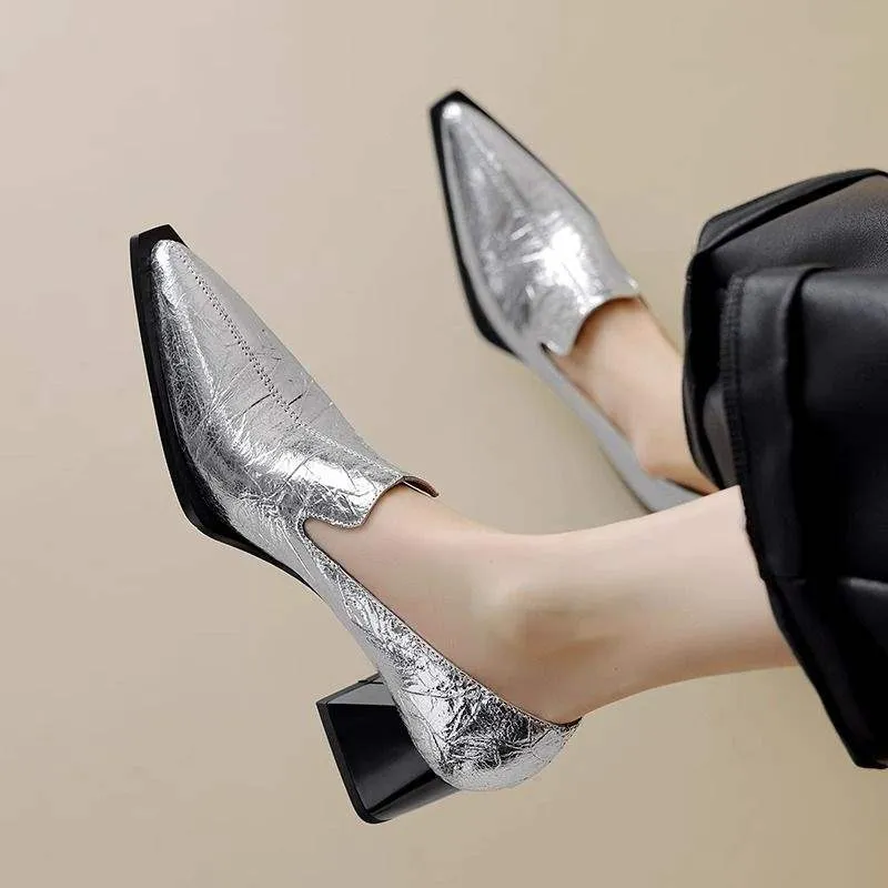 Crack pointed deep mouth high heels women retro solid colour kitten heel shoes with rubber sole