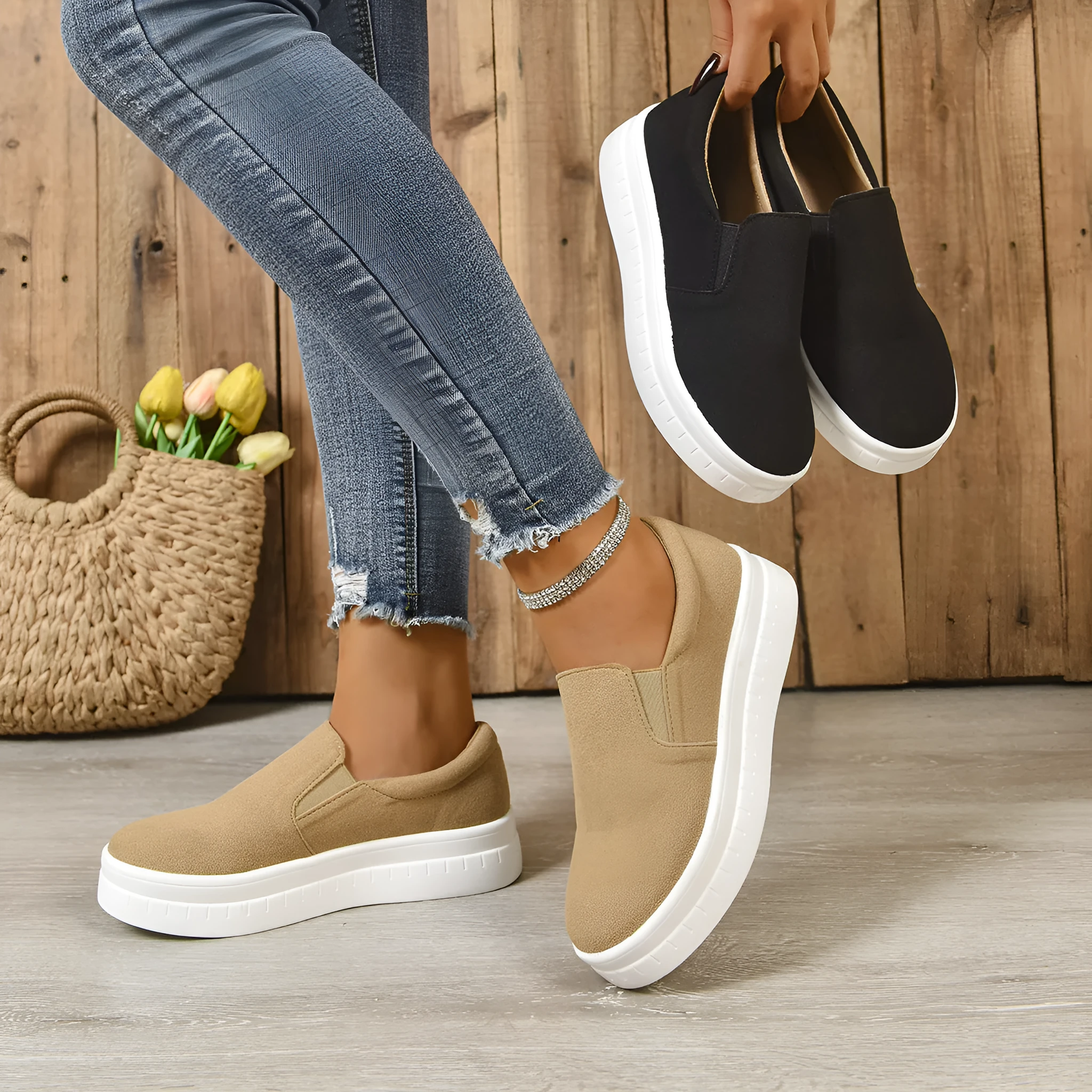 Women's round-toe thick platform sole flats in black, PU upper, elastic band, side view