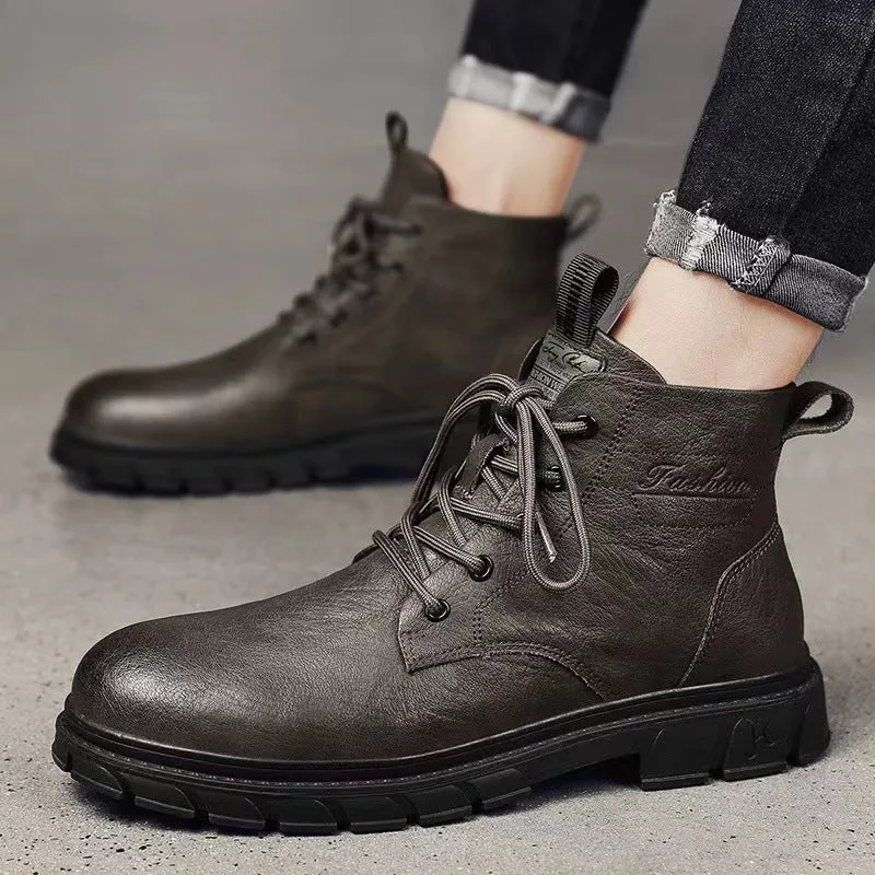 Men's black PU leather high-top Martin boots with stitching, square heel, and front lacing