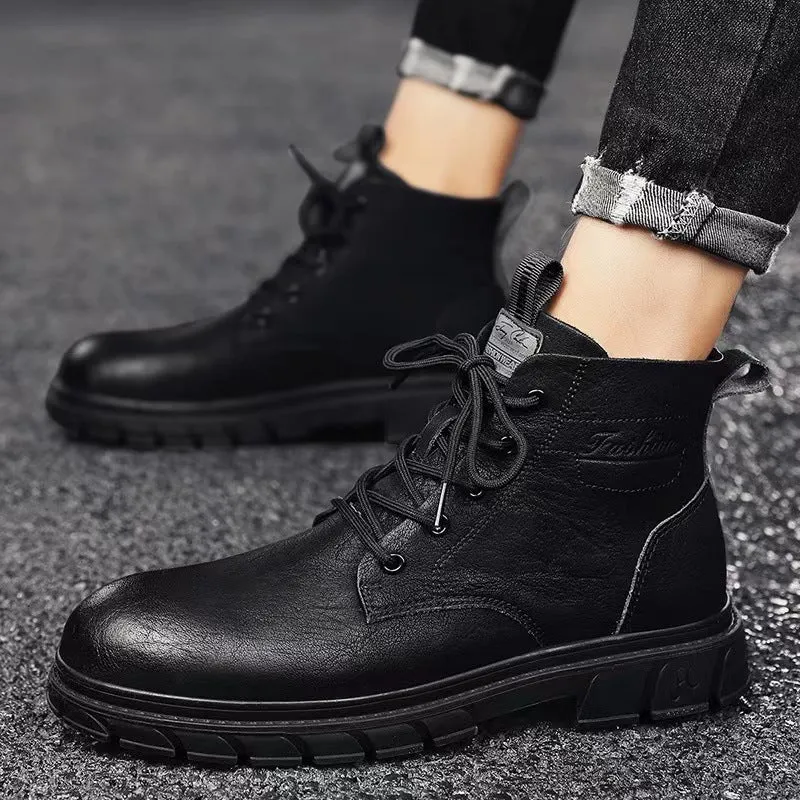 Men's black PU leather high-top Martin boots with stitching, square heel, and front lacing