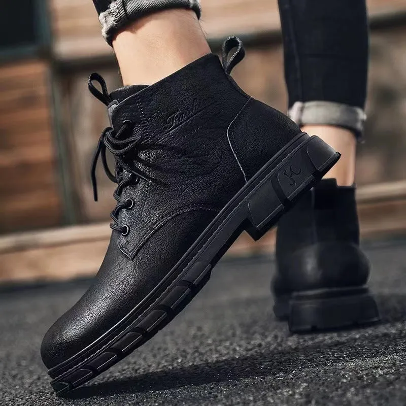 Men's black PU leather high-top Martin boots with stitching, square heel, and front lacing