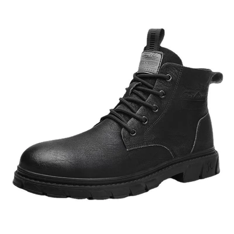 Men's black PU leather high-top Martin boots with stitching, square heel, and front lacing