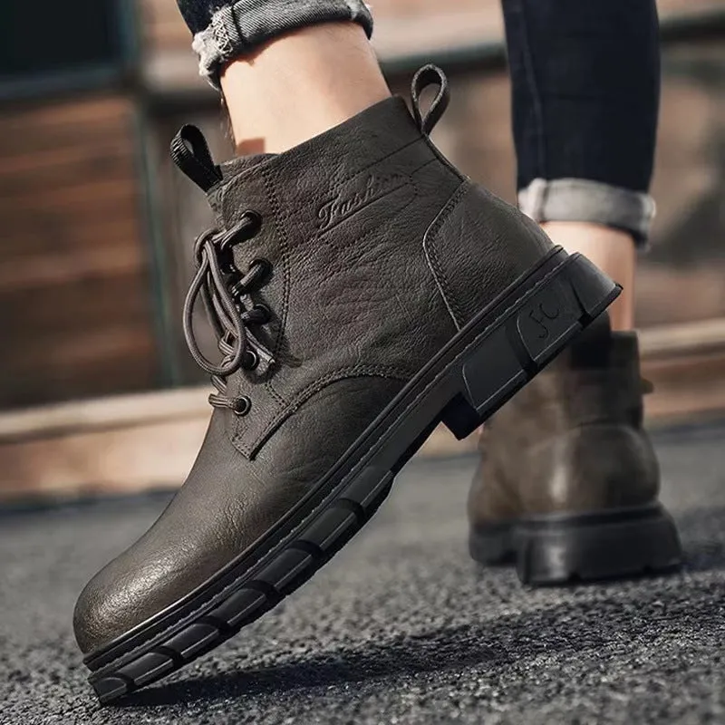 Men's black PU leather high-top Martin boots with stitching, square heel, and front lacing