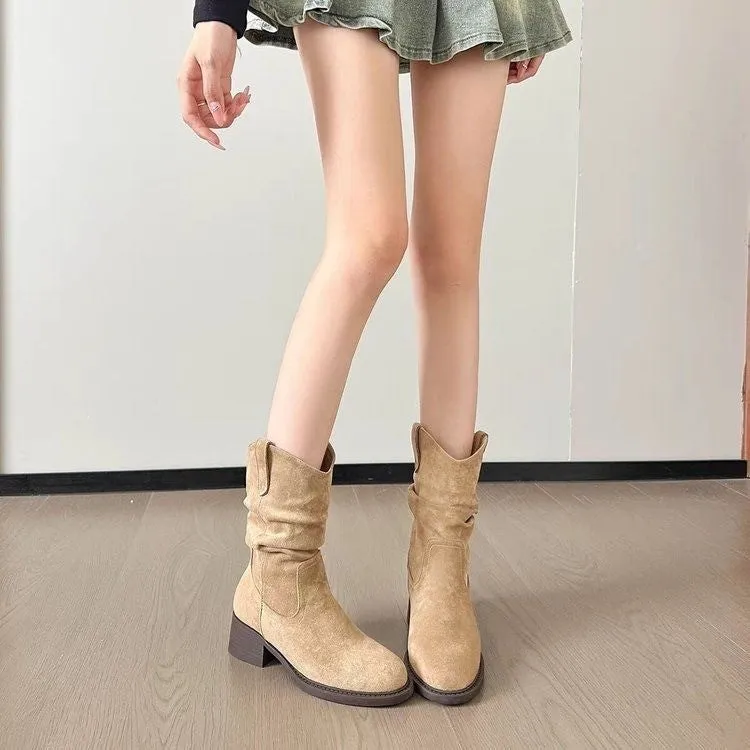 Women's solid colour suede chunky heel ankle boots with platform block heel in khaki colour