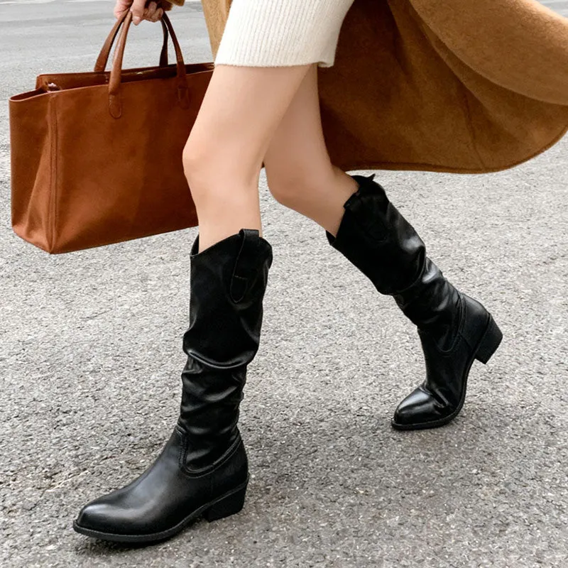 Chunky heel suede riding boots, block heel, round toe, available in cloth khaki leather black and leather brown